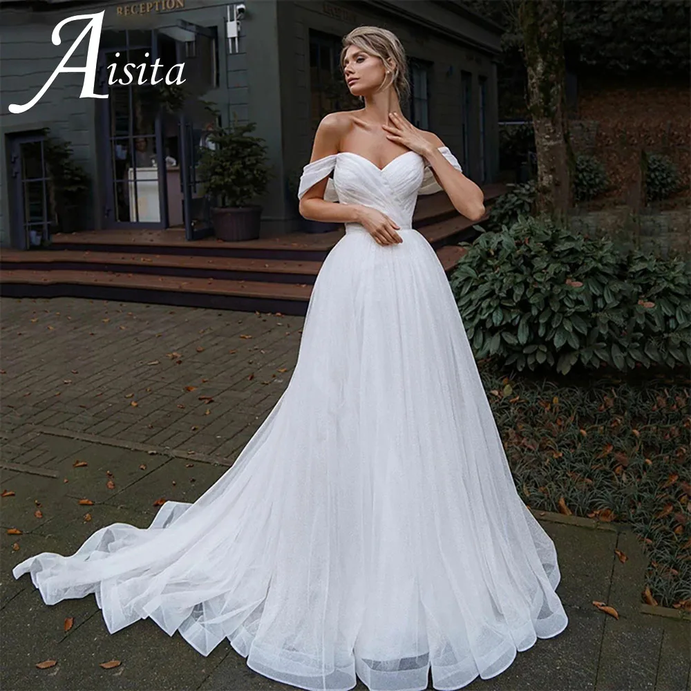

Sparkly A-line Deep V-neck Weddding Dresses Off The Shoulder Button Open Back Sweep Train Beauteous Noble Bridal Gowns
