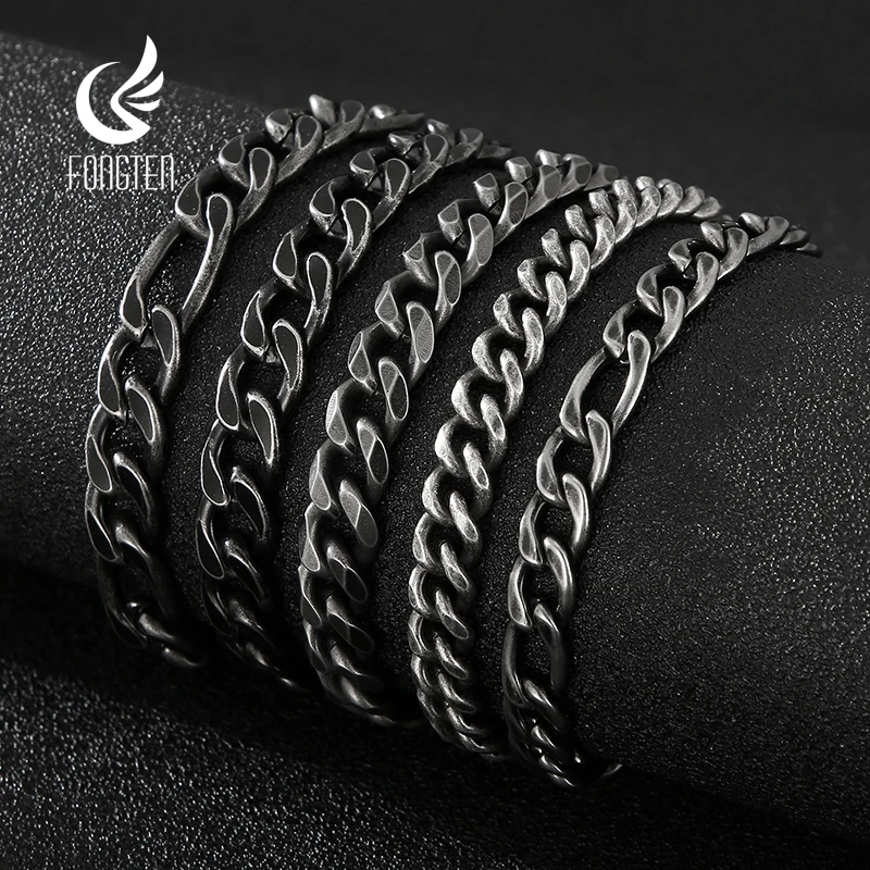 

Fongten 7/9mm Men's Figaro Chain Bracelets Stainless Steel Cuban Chain Bracelets For Men Gothic Bangle Rotre Black Color Jewelry