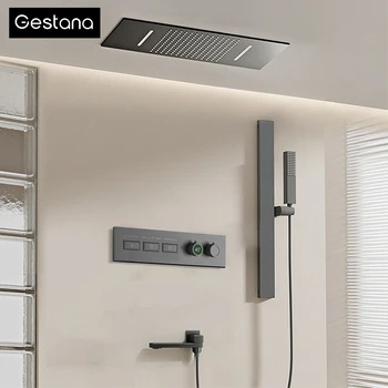 ระบบฝักบัวอาบน้ำแบบฝังฝ้าเพดานหรูหรา สีดำทองเหลือง 3 ฟังก์ชั่น ควบคุมอุณหภูมิด้วยเทอร์โมสตัท พร้อมระบบน้ำร้อนน้ำเย็นในตัว หน้าจอ LED ดิจิตอล สำหรับห้องน้ำ 1