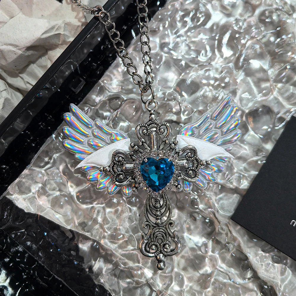 Y2K Gothic Angel Wing Heart Pendant Necklace Silver Tone Holographic & Black Wing Cross Necklaces for Women Punk Jewelry 4
