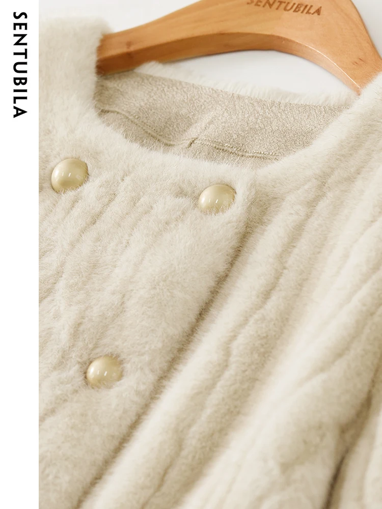 SENTUBILA Women's Imitation Rabbit Fleece Jacket 2023 Autumn Winter Elegant Crew Neck Double-breasted Plush Short Coat W34W50108