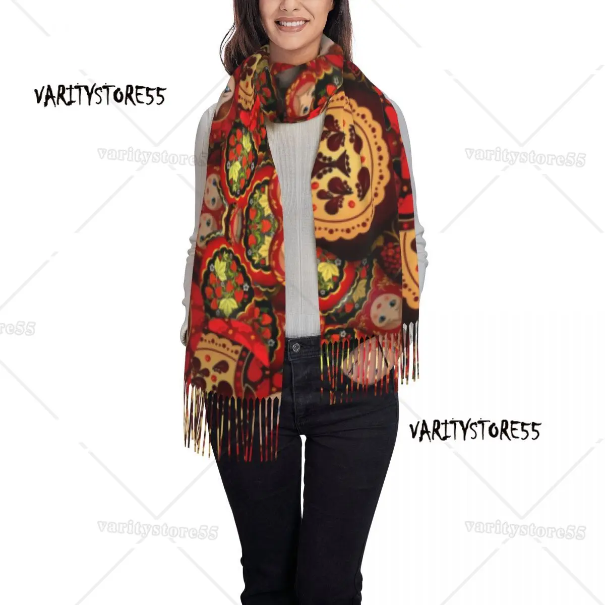 Russia Matryoshka Doll Tassel Scarf Women Soft Russian Folk Art Babushka Pattern Shawls Wraps Lady Winter Scarves