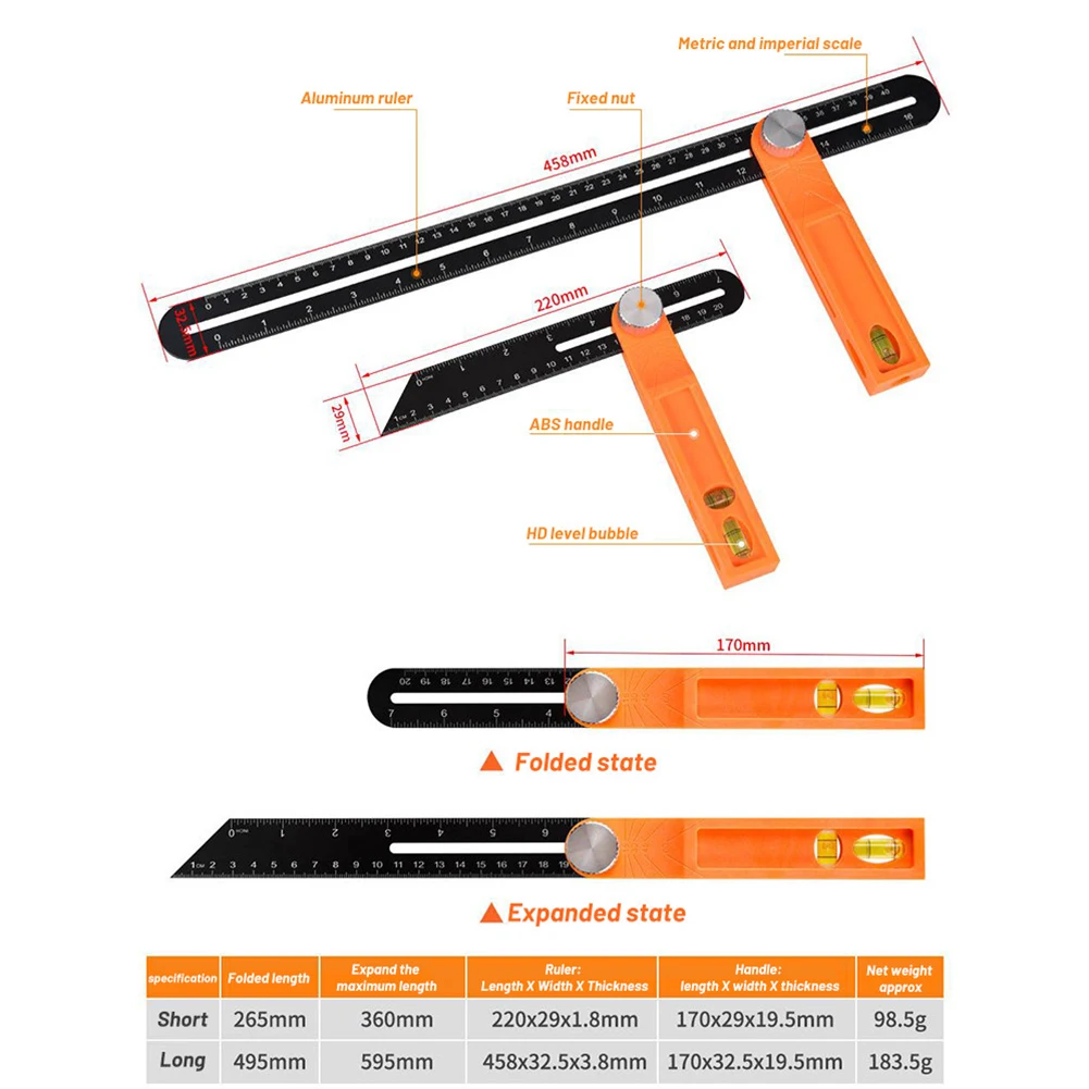 

20/40cm Angle Ruler Gauges Tri Square Sliding T-Bevel Level Ruler Measuring Tool Aluminum Alloy Angle Ruler For Measuring