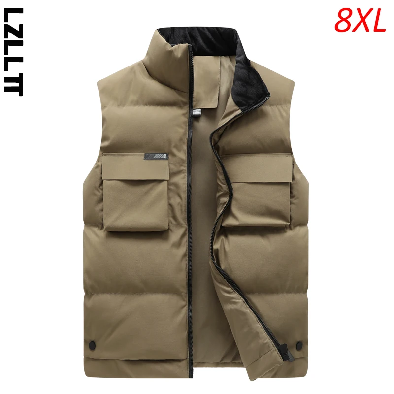 Autumn Winter Men Casual Windproof Sleeveless Vest Jacket Coat Man Waistcoat Stand Collar Vest Man Pocket Overcoat Plus Size 8XL