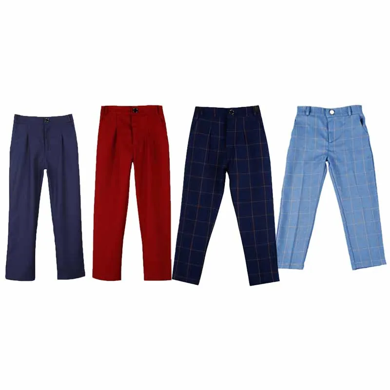 Children Plaid Pants Spring Autumn Boy Performance Long Pants Student Piano Dress Semi Elastic Waist Burgundy Trousers