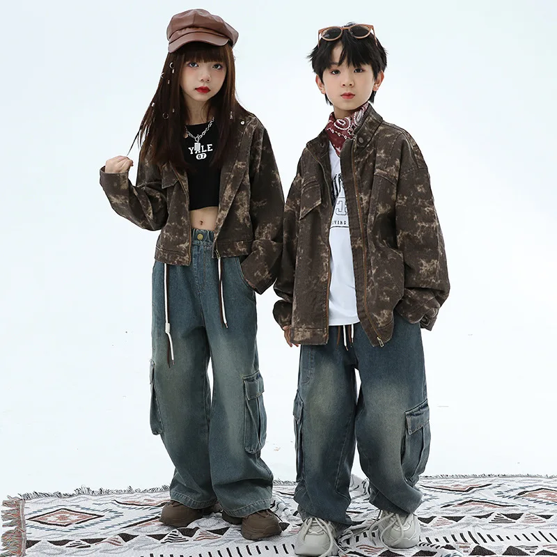 

Girl Boy Kpop Hip Hop Clothing Coffee Camo Long Short Jacket Casual Denim Jeans Cargo Pants for Kids Jazz Dance Costume Clothes