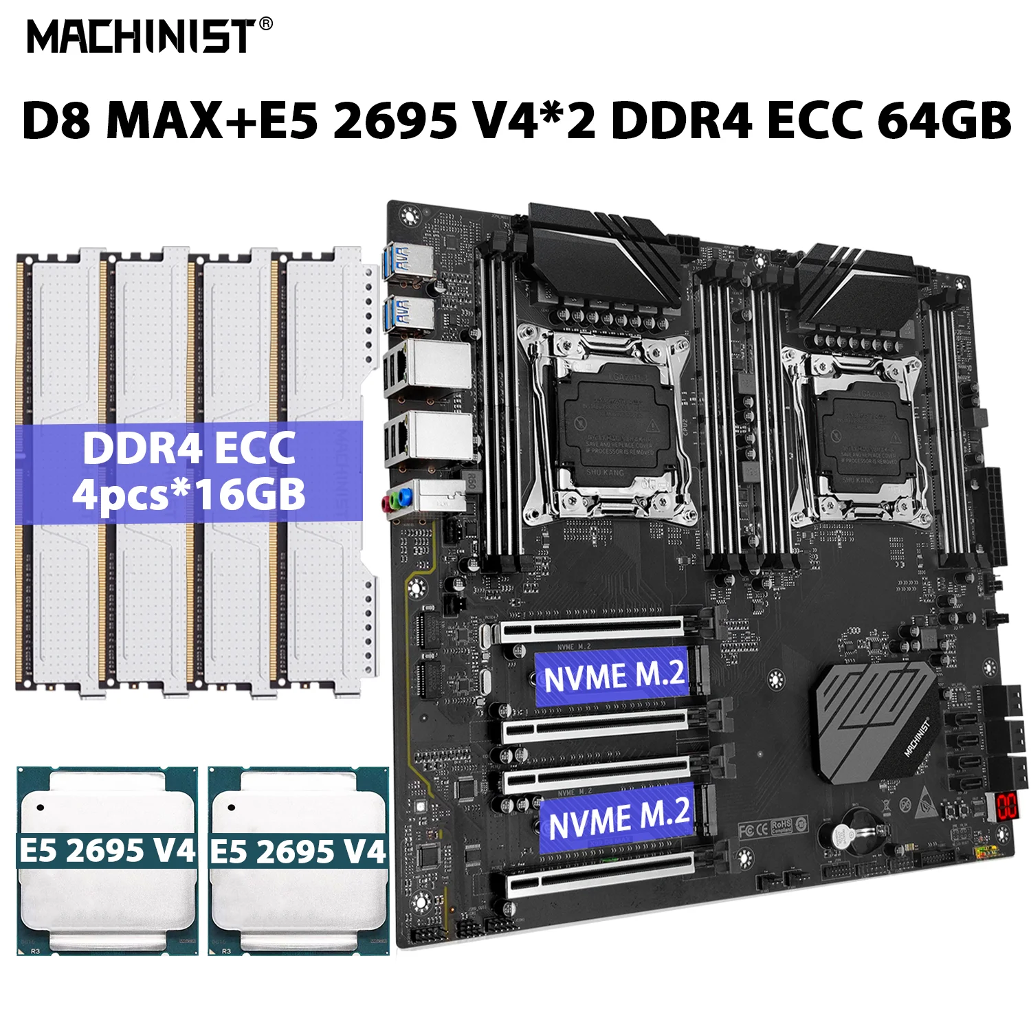 

MACHINIST X99 D8 MAX материнская плата с двойным процессором Combo LGA 2011-3 Kit Xeon E5 2695 V4 CPU * 2 DDR4 64 ГБ = 4 шт. * 16 Гб RAM ECC память NVME M.2
