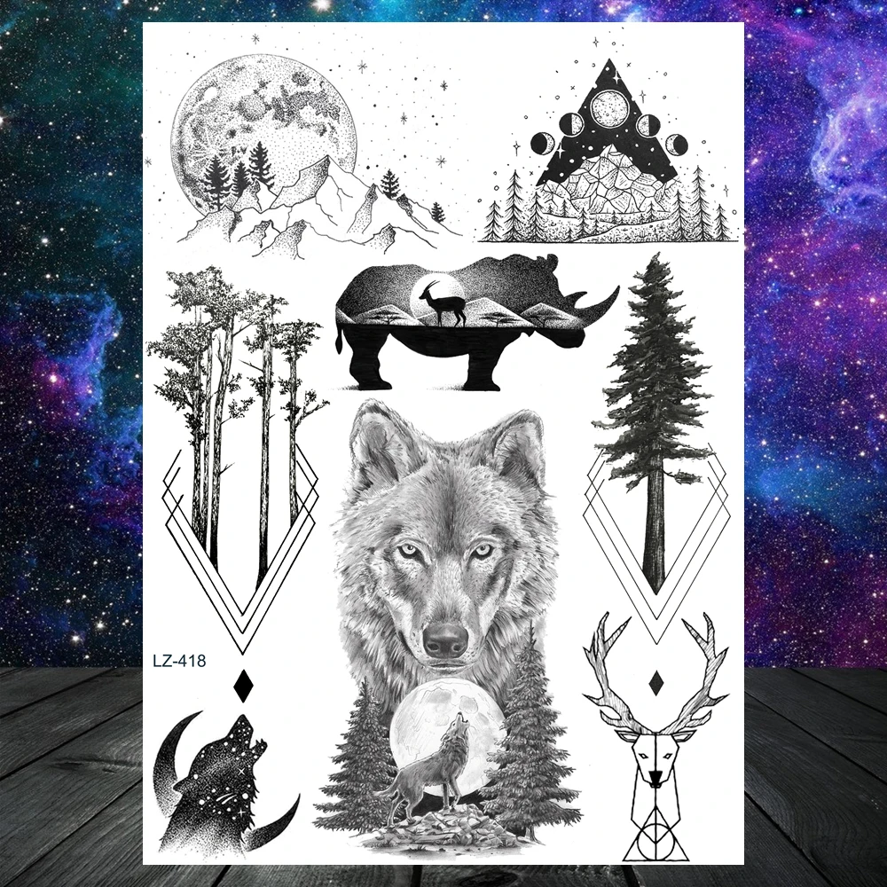 Realistic Fake Black Animal Temporary Tattoos Sticker For Men Women Geometric Wolf Outer Space Tatoo Temporary Decal For Kids
