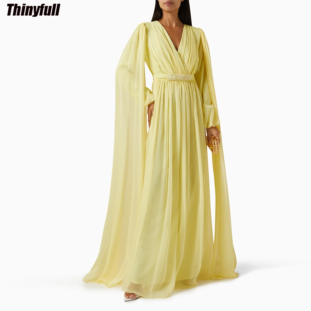 

Thinyfull A-line Light Yellow Chiffon Prom Dresses V-neck Long Sleeves Evening Party Gown Dubai Outfit Formal Occasion Dress