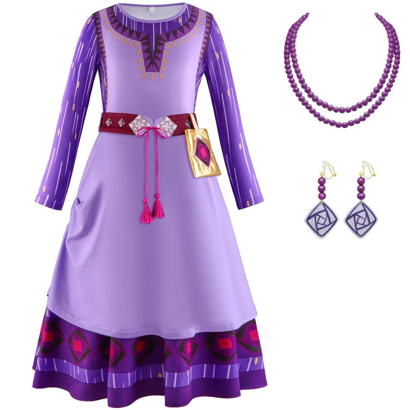 thumbnail image 1 of Vestido de la película Disney Wish Asha para niñas, disfraz de princesa Asha, vestidos largos morados, trajes de Halloween, regalo de cumpleaños para niños, 1 of 5