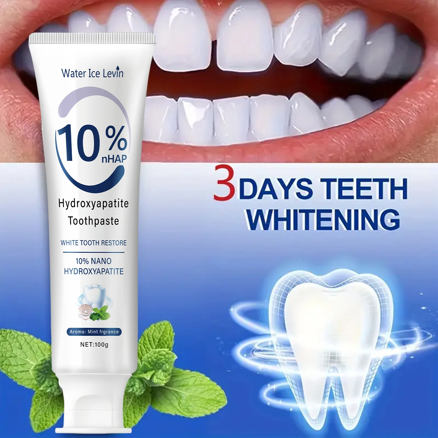 Le dentifrice nano hydroxyapatite 10% restaure les dents blanches. Protege les gencives. Nettoyage en profondeur. Éclairez le sourire. 100 g de menthe fraîche.