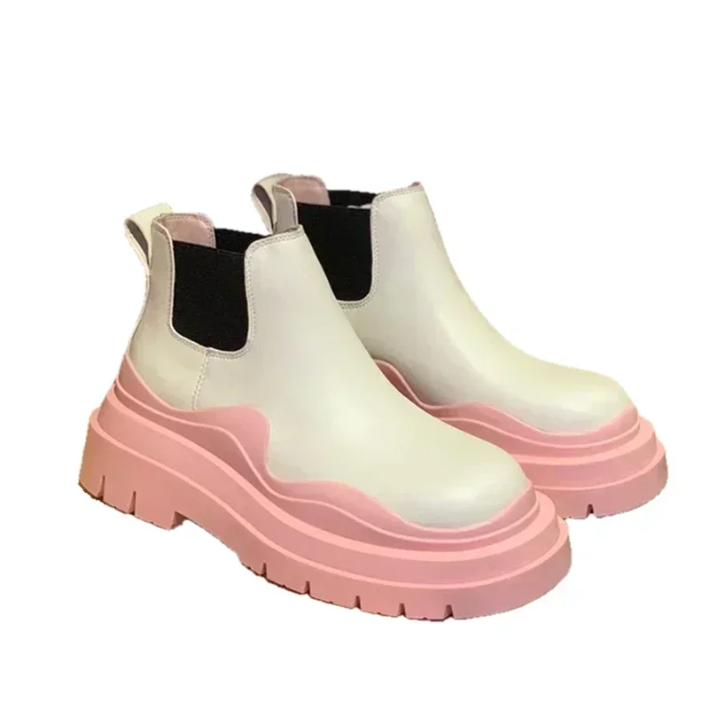 

Women Chelsea Genuine Leather Boots Platform Height Increasing Cow Leather Woman British Style Retro Mixed Colors Shoes