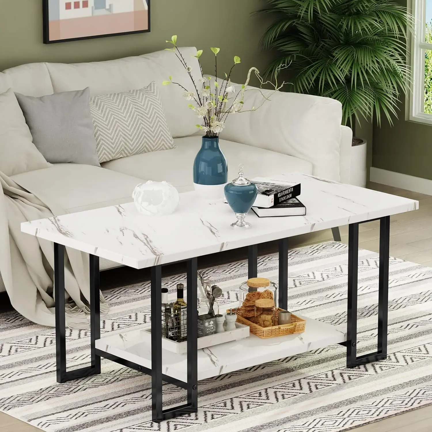 Marble Coffee Table with Black Metal Frame, Rectangular Table, Living Room, Bedroom, Decorative Table, 2 Tier