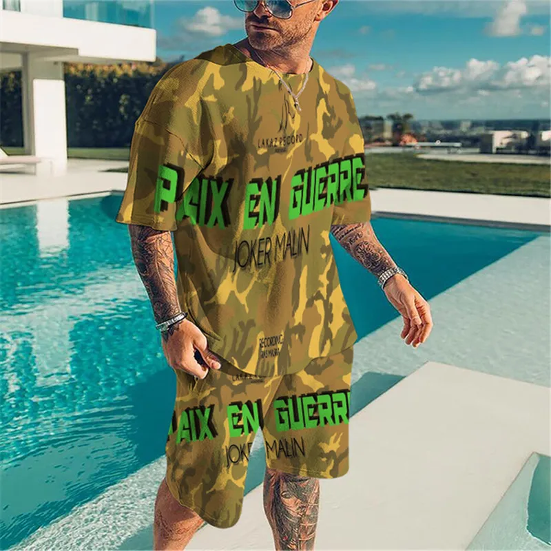 men's T-shirt 2-piece set 3D printed camouflage army green ashion street men's sportswea Summer short sleeved shorts set 2023