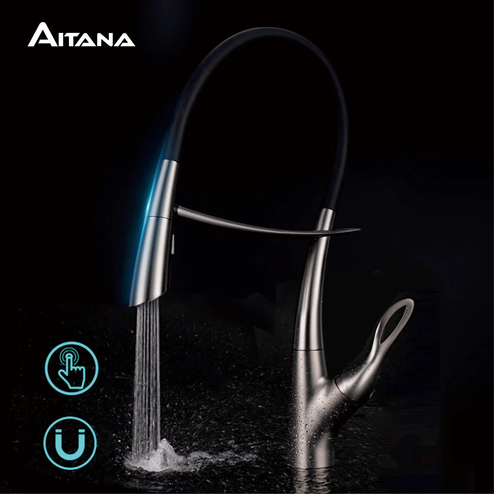 Luxury brass gun gray kitchen faucet Magnetic suction Pull-out design Single handle Cold & Hot dual control 2-function sink Tap