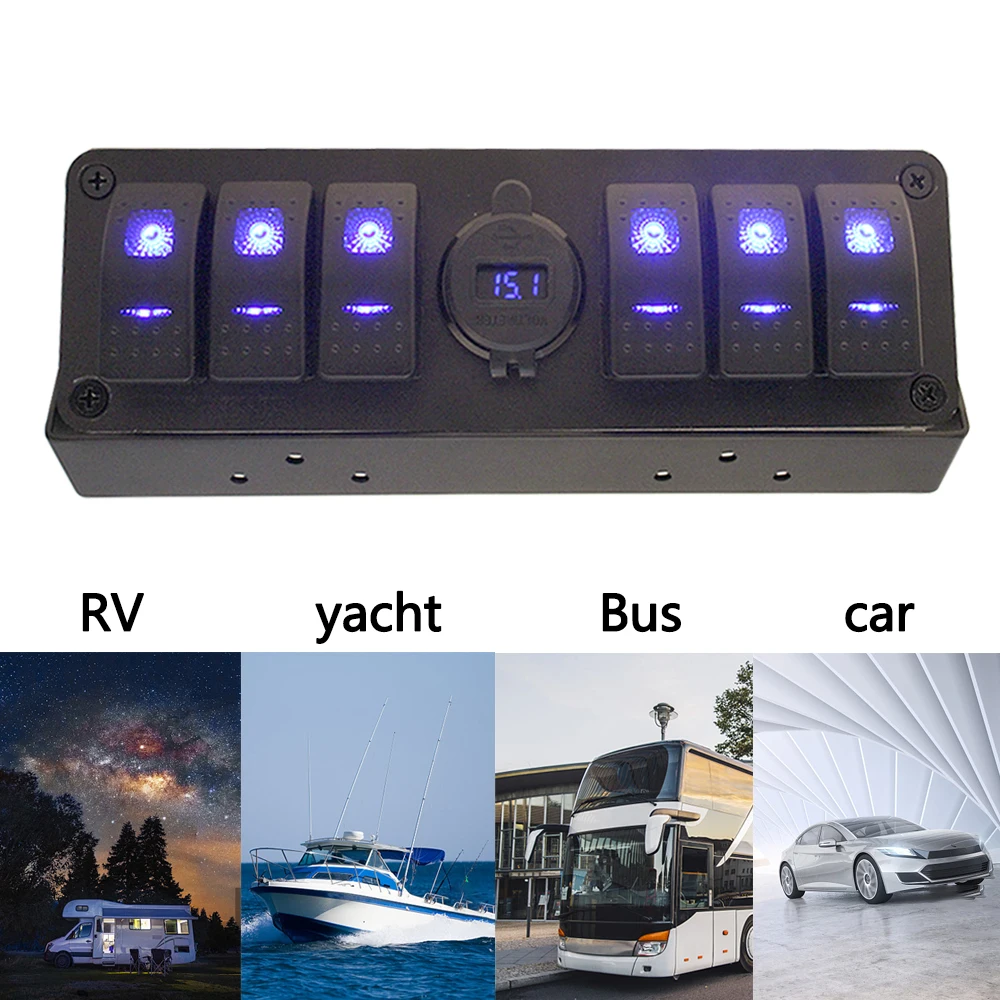 

12-24V 20A Waterproof 6+1 Gang Rocker Switch Box Switch Panel Universal for Cars Vehicles Yacht Double QC3.0