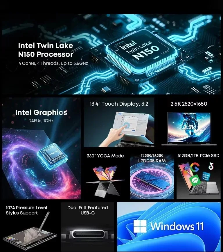 CHUWI FreeBook 2-in-1 Laptop IntelN150 13.4'' Touch 2.5K Screen 16GB LPDDR5 RAM 512GB SSD WiFi6 BT5.2 Convenient Office Notebook 2