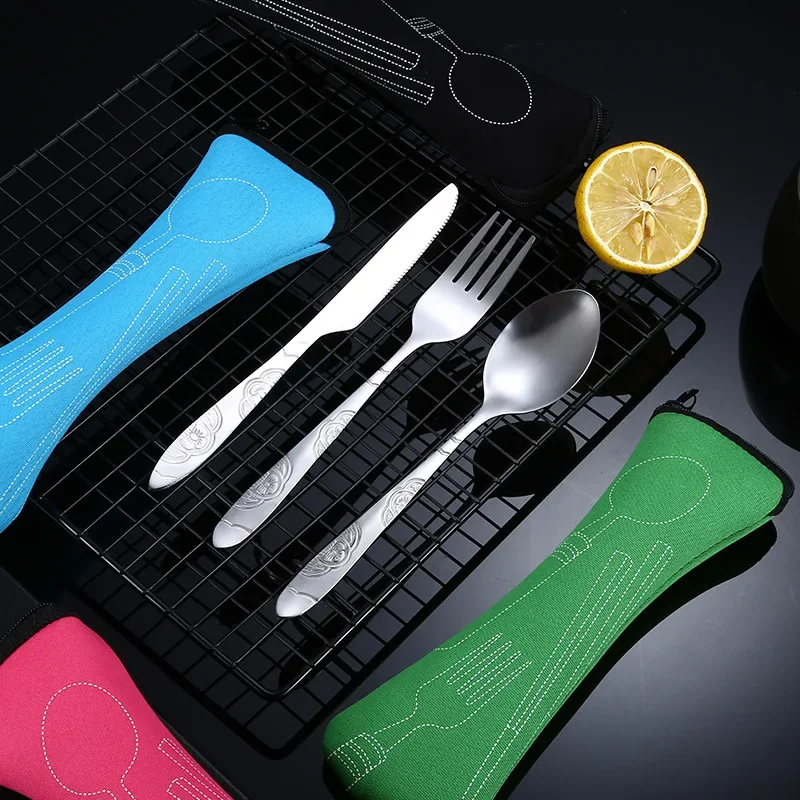3pcs/7pcs Set  Dinnerware Portable Printed Stainless Steel Spoon Fork Steak Knife Set Travel Cutlery Tableware with Bag