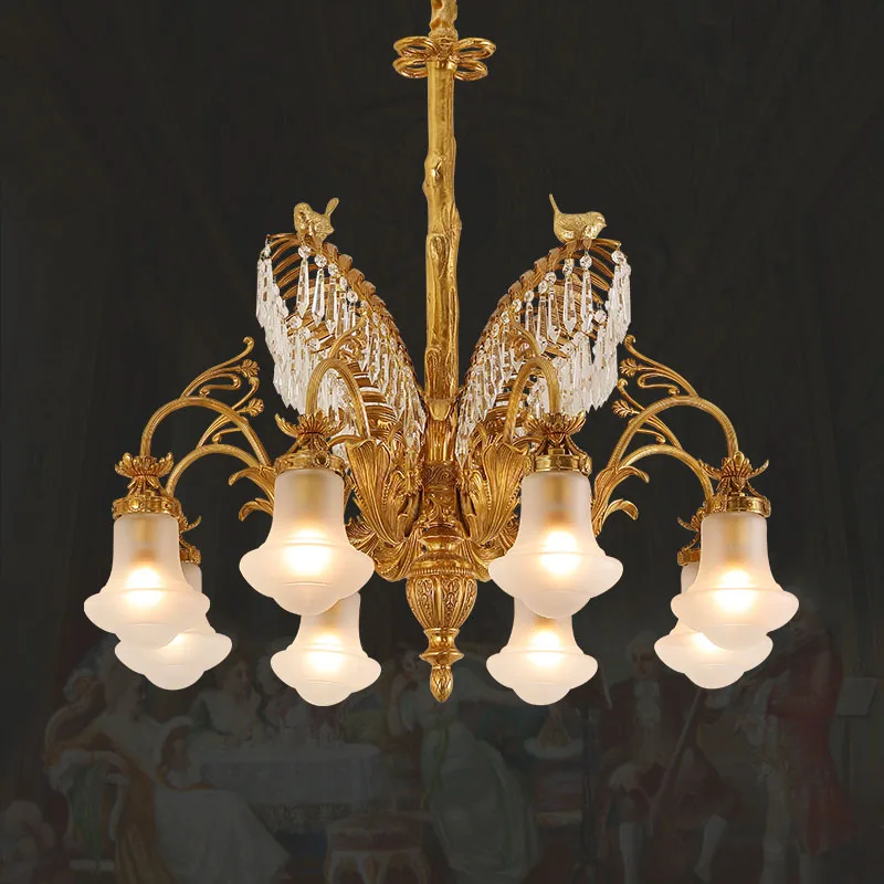 

European Villa Brass Pendant Light Antique Living Room Dining Lamp Unique French Bedroom Crystal Copper Chandelier