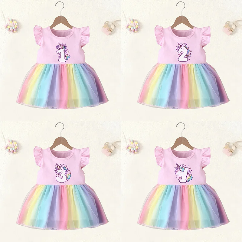 

Baby Girl Clothes 1 2 3 4 Years Birthday Dress Cartoon Cute Unicorn Princess Vestidos Toddler Infant Girls Rainbow Mesh Dresses