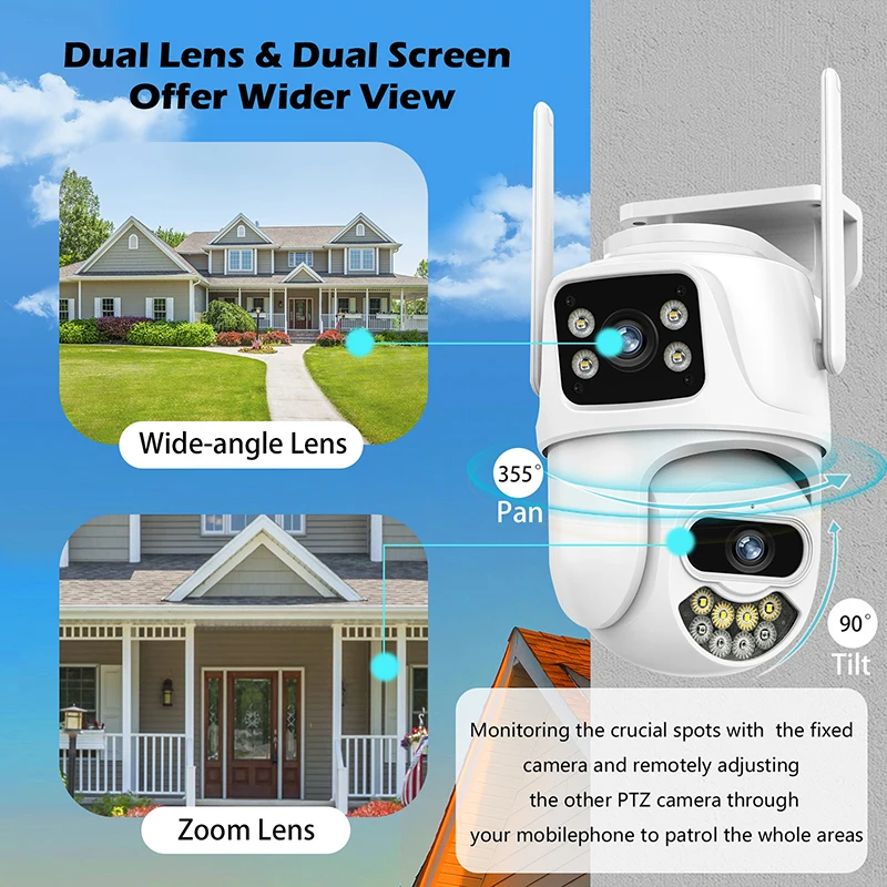 4K UHD WIFI IP Camera 8MP 10X Hybrid Zoom Auto Tracking PTZ Camera Outdoor Dual Lens Two Screen Security Cam Surveillance