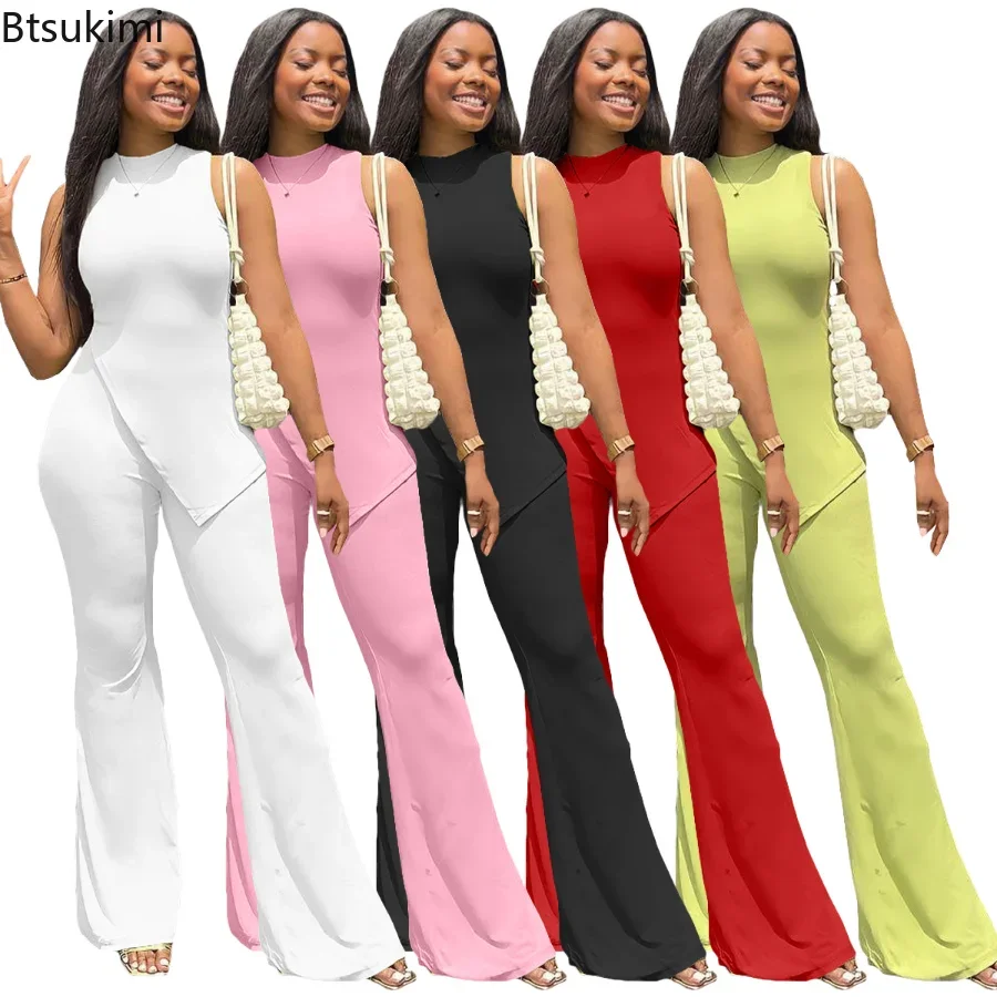 2024 Women's 2 Piece Sets African Clothes Female Irregular Tank Tops and Empire Flare Pant Suit Sets Streetwear Clothing Outfits dropshipping 1moq wholesale female students backpack african girls art printing school bags 3 pcs set book bags for kids school