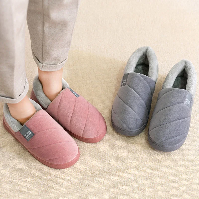 Big Size Women Men Couple Slippers Winter Warm Furry Slipper Comfortable Home Floor Shoes Indoor Bedroom Stripe Plush Slides