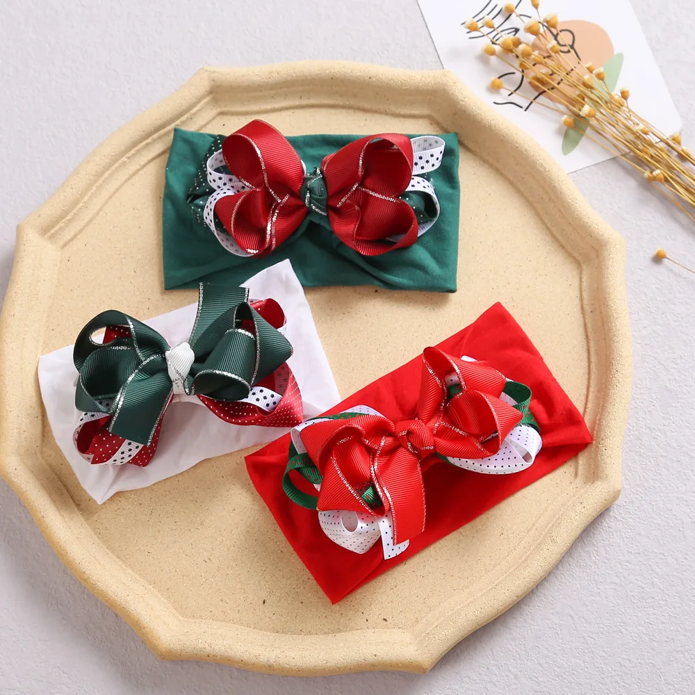 

Newborn Infant Toddlers Baby Christmas Headband Solid Color Green Red Nylon Elastic Hairband Ribbon Bow Child Girls' Hair Wear