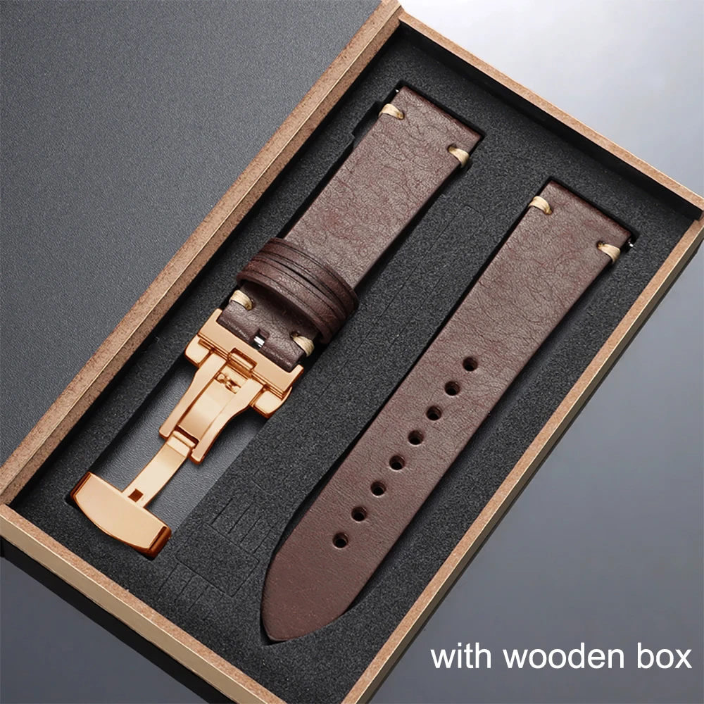 Elegant Top-Grain Leather Watch Band with Butterfly Buckle and Gift Box