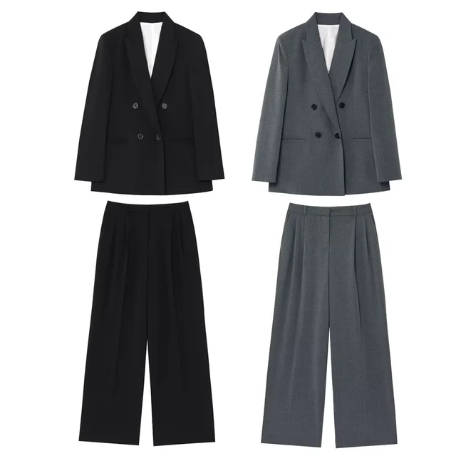 PB&ZA 2025 Women Double Breasted Blazer and Wide Leg Trousers Set in Black and Gray Classic Stylish Office Formal Wear 1