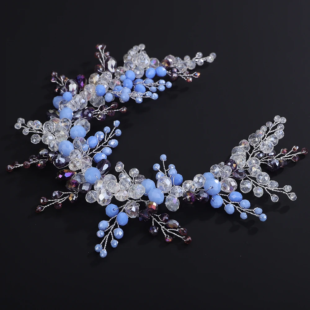 Trendy Blue Crystal Wedding Headband Silver Purple Bridal Hair Piece Women Hairband Handmade Party Headband Tiara Bride Headwear