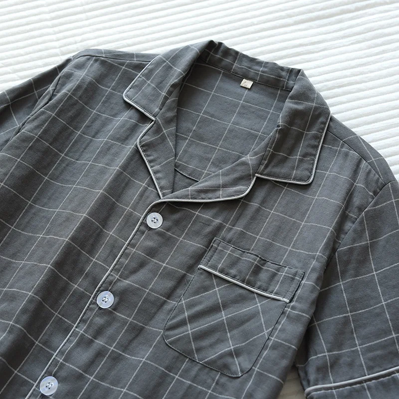 Summer men's pajamas two-piece cotton gauze short-sleeved shorts simple plaid loose casual breathable home service suit