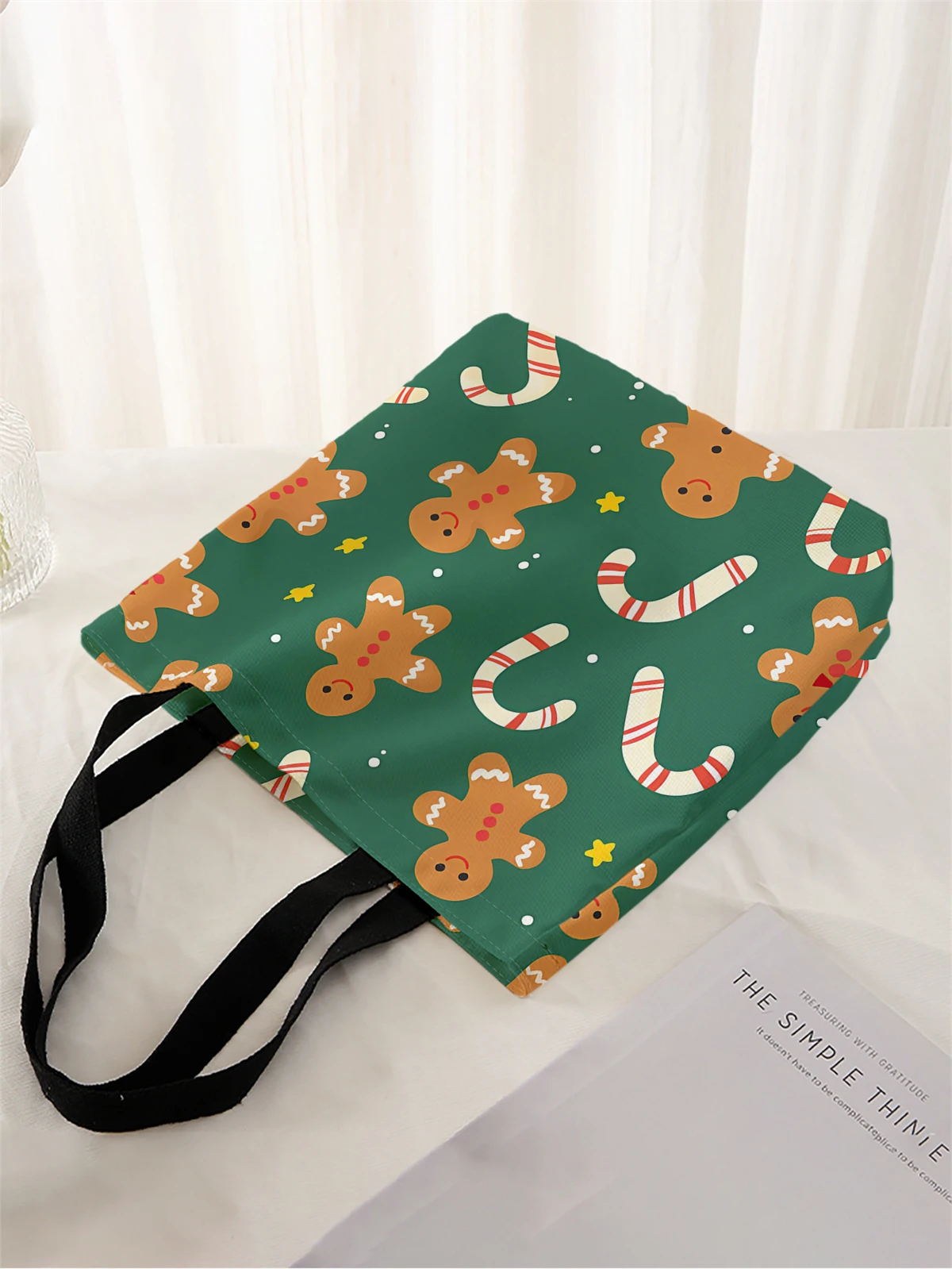 1pc,Christmas cane handbag, reusable fashionable handbag, multifunctional handbag, printed canvas shopping bag