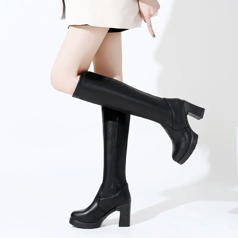 Women Knee Boots Leather High Heel Elastic Winter Knee Shaft Long Platform Pu