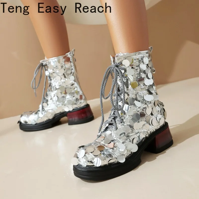 

Stylish Punk Silver Sequined Ankle Boots Fall Women's Lace-up Sequined Round Toe Low Heel Motorcycle Shoes Sizes 35-45