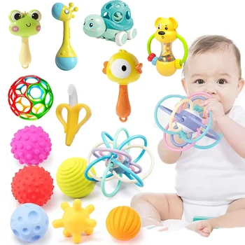 Baby Toys 0 6 Months Rattle Teether Development Games Sensory Toys Soft Silicone Teether Chewable For Newborns Babies 12 Months