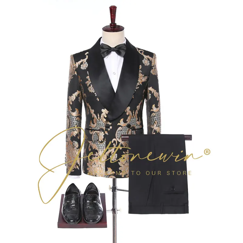 

Мужской свадебный костюм 2022, облегающие жаккардовые костюмы для мужчин, смокинг для жениха, пиджак, комплект из 3 предметов, мужской костюм-блейзер