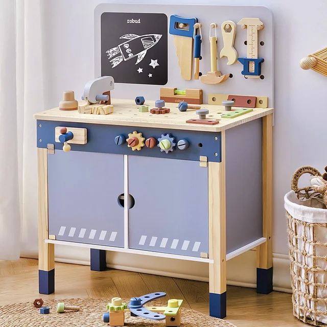 Robotime Robud Wooden Toy Workbench Large Kid's Wooden Play Tool  Pretend Play Creative Building Set Gift for Girls & Boys 3+