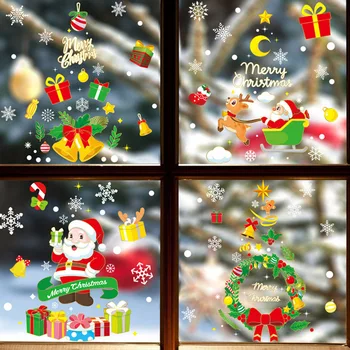 Cartoon Christmas Mirror Sticker Santa Claus Elk Snowflake Glass Wall Sticker Window Decor Merry Christma Decor Static Sticker