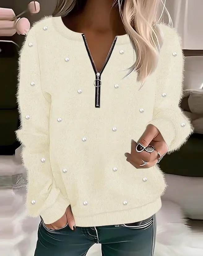 

Women's Autumn and Winter Pullover Tops 2023 Zipper Design Pearls Decor Fuzzy Top Daily Casual Elegant Long Sleeve Pullover Top