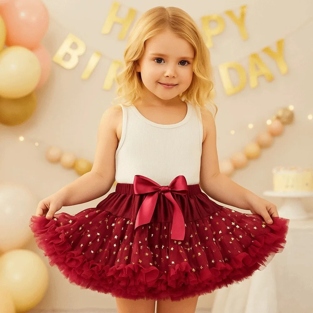 Star Sequins Girls Tutu Skirts Multi-layered Elastic Children Short Dress Breathable Lightweight Ballet Dance Skirt