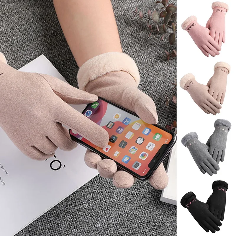 Winter Female Winter Lace Warm Cashmere Cute Cat Mittens Suede Thicken Plush Full Finger Wrist Touch Screen Driving Gloves warm gloves lace gloves cat gloves