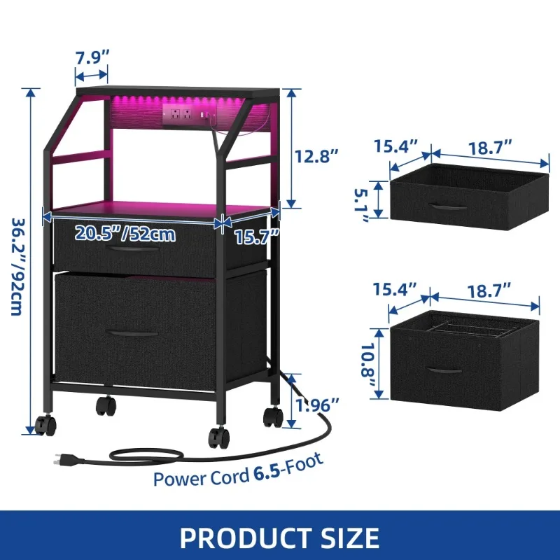 Mobile File Cabinet with 2 Drawer , Fabric Vertical File Cabinet with Wheels & Charging Station, Printer Stand with Open Shelf 2