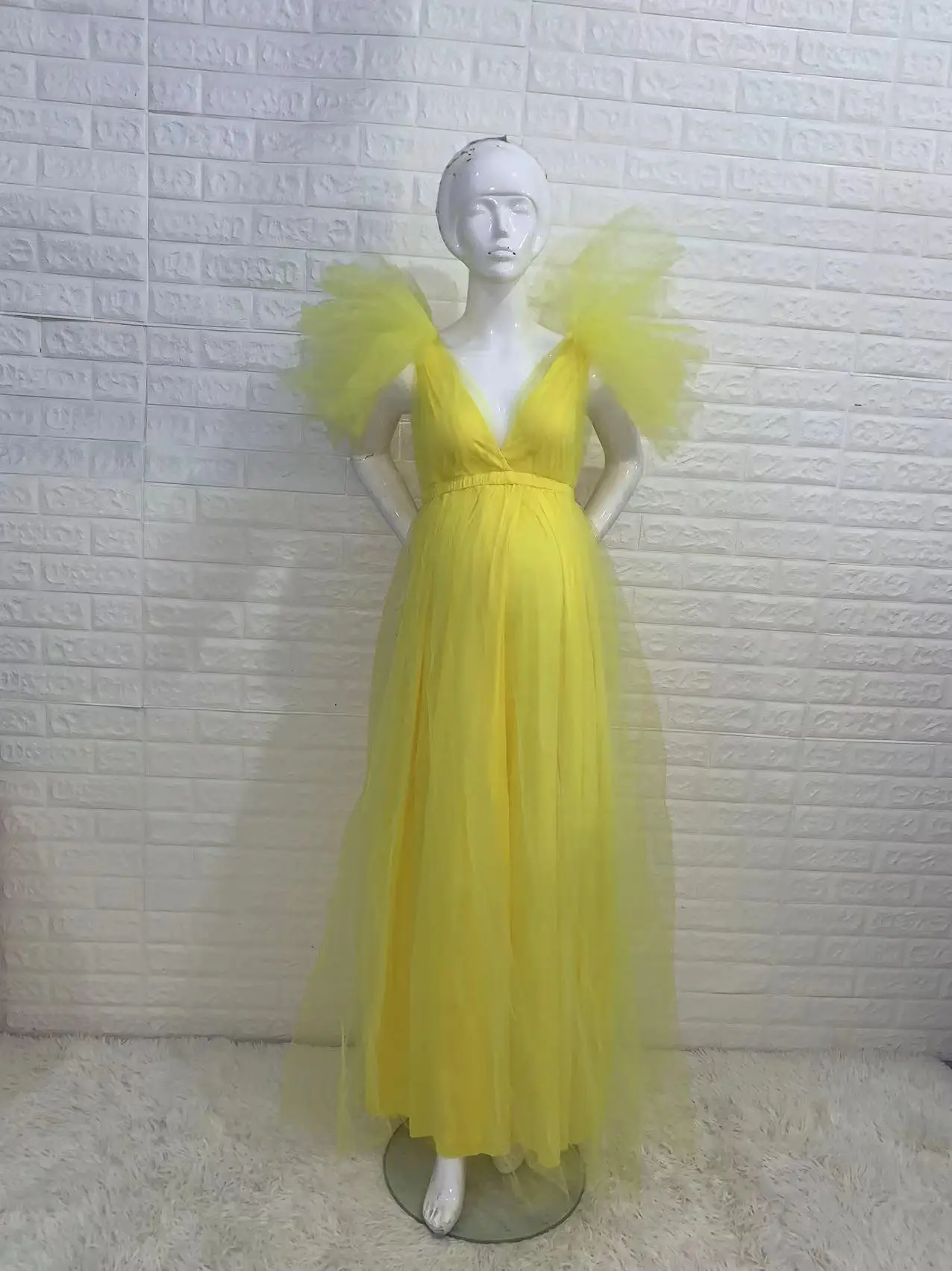 Vestito Maternità Lungo Con Scollo A V - Abito Sposa In Pizzo, Per Foto, Cerimonie, Nero O Bianco - Foto 5