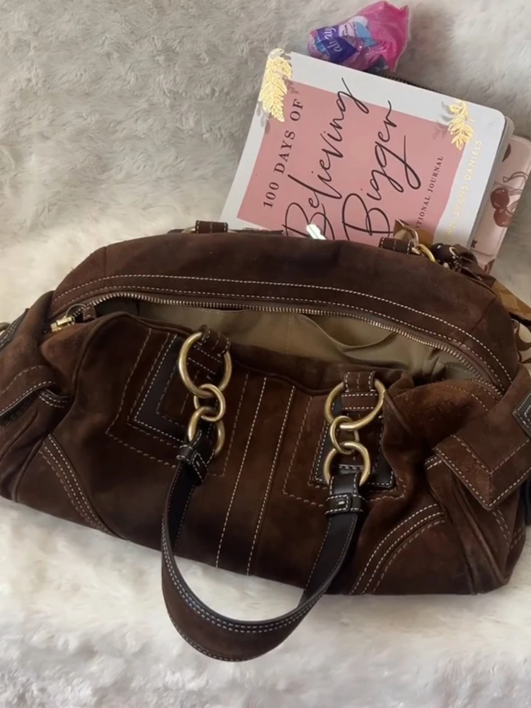 Suede Crossbody Shoulder Bag Women Vintage Boston Bowling Tote Bag Retro Pleated Versatile Commuter Zipper Square Handbag