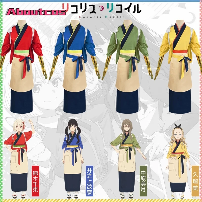 

Aboutcos Lycoris Recoil Cosplay Anime Cosplay Costume Women Top Kimono Skirt Apron Belt Bow Strap Outfit Halloween Mujer Vestido