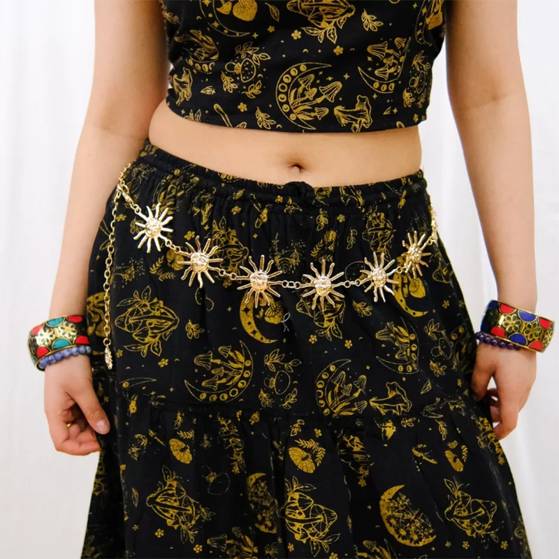 

Multilayer Celestial Metal Waist Chain Costume Jewelry Hippie Boho Style Crescent Moon Sun Witch Belt for Women Dress Body Chain