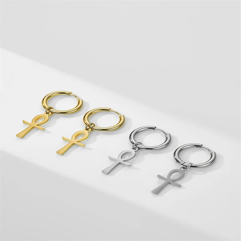 Punk Stainless Steel Drop Earrings For Women Men Egypt Ankh Cross Dangle Earrings Vintage Piercing Ear Jewelry Gift Accessories
