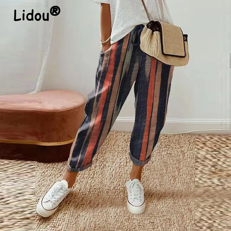 Women Retro Striped Floral Print Casual Streetwear Harem Pants Female Trendy Drawstring Pockets Trousers Cotton Linen Pantalones elastic waist jeans spring summer korean retro jeans female cartoon girl patch pocket embroidery distressed harem pants women