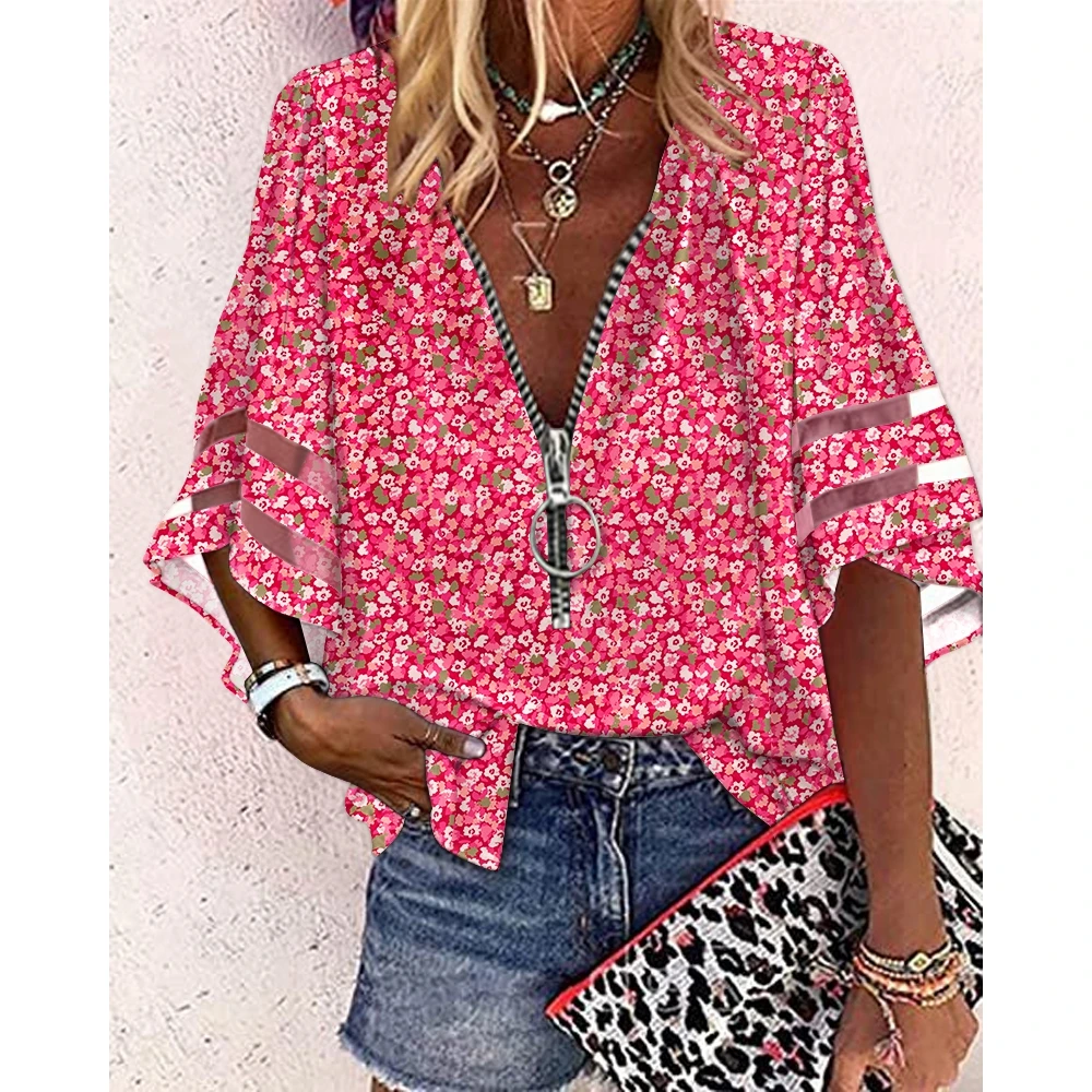 

Summer Women Casual Contrast Mesh Bell Sleeve Zip Front Top 2023 Sexy V Neck Floral Print Blouse Outfits Lady Robe Clothing traf